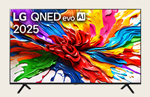 LG QNED evo TV avec un graphisme agréable et le titre LG QNED evo AI 2025 sur son écran.