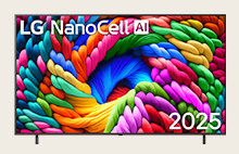 LG NanoCell TV avec un graphisme coloré et le titre LG NanoCell AI 2025 affiché à l’écran.