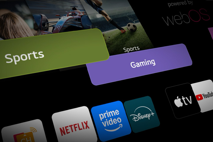 واجهة تلفزيون LG Smart TV الذكي تتميز بمربعات متحركة للفئات تنتقل بسلاسة إلى شاشة webOS الرئيسية، مما يعرض الوصول إلى المحتوى المخصص من خلال مركز ذكي موحد.