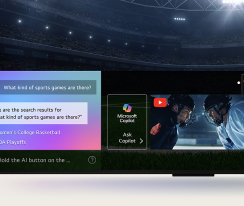 صورة مقربة من شاشة تلفزيون LG QNED TV توضح كيفية عمل البحث عن الذكاء الاصطناعي (AI Search). نافذة دردشة صغيرة مفتوحة توضح كيف سأل المستخدم عن الألعاب الرياضية المتاحة. استجاب بحث الذكاء الاصطناعي (AI search) عبر الدردشة وعرض صور مصغرة للمحتويات المتاحة. هناك أيضًا مطالبة بسؤال لـ Microsoft Copilot. 