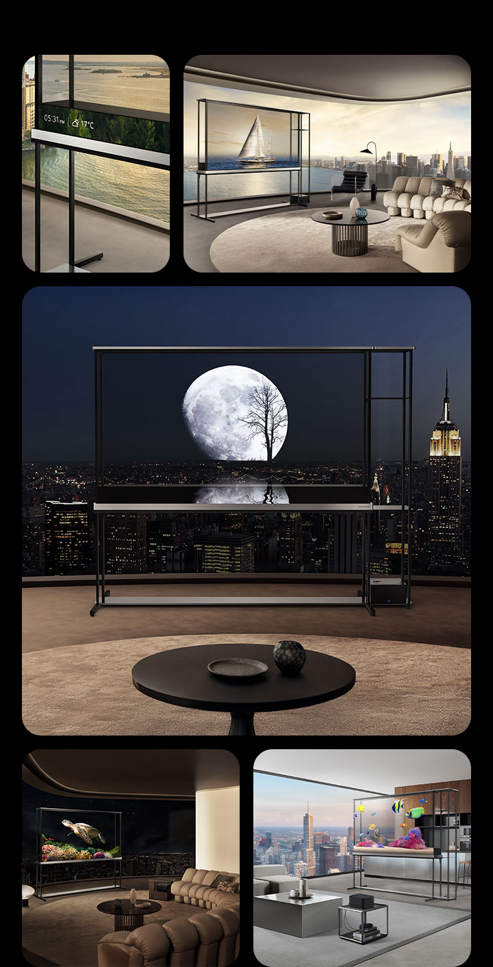 مساحات مختلفة مع تلفزيون LG Signature OLED T TV. في كل واحدة من هذه الشاشات يكون التلفزيون في وضع شفاف يوضح كيف تمتزج صور T-Contents مع الواقع. في أحد المشاهد، يظهر شريط المعلومات أيضًا موضحًا التاريخ والوقت ودرجة الحرارة.