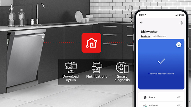 غسالة أطباق من LG متصلة بتطبيق ThinQ مما يتيح التحكم الذكي ومراقبة استهلاك الطاقة	