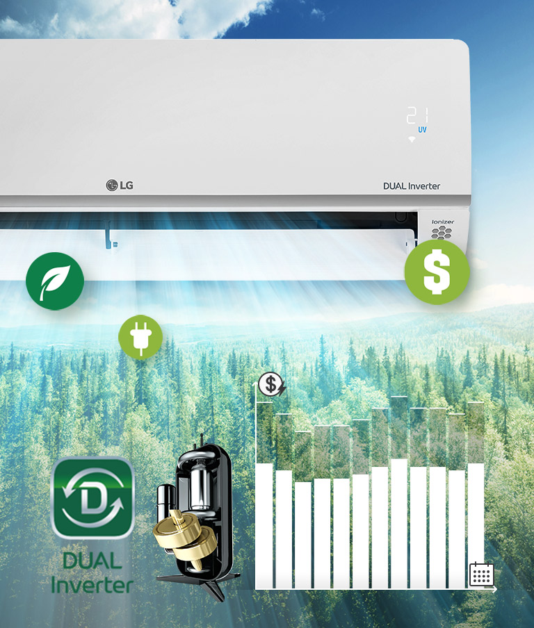 يظهر منظر طبيعي للغابة في الخلفية مع مكيف الهواء LG مرئيًا على الجانب. يمكن رؤية شعار LG على الجهاز مع إضاءة لوحة جودة الهواء