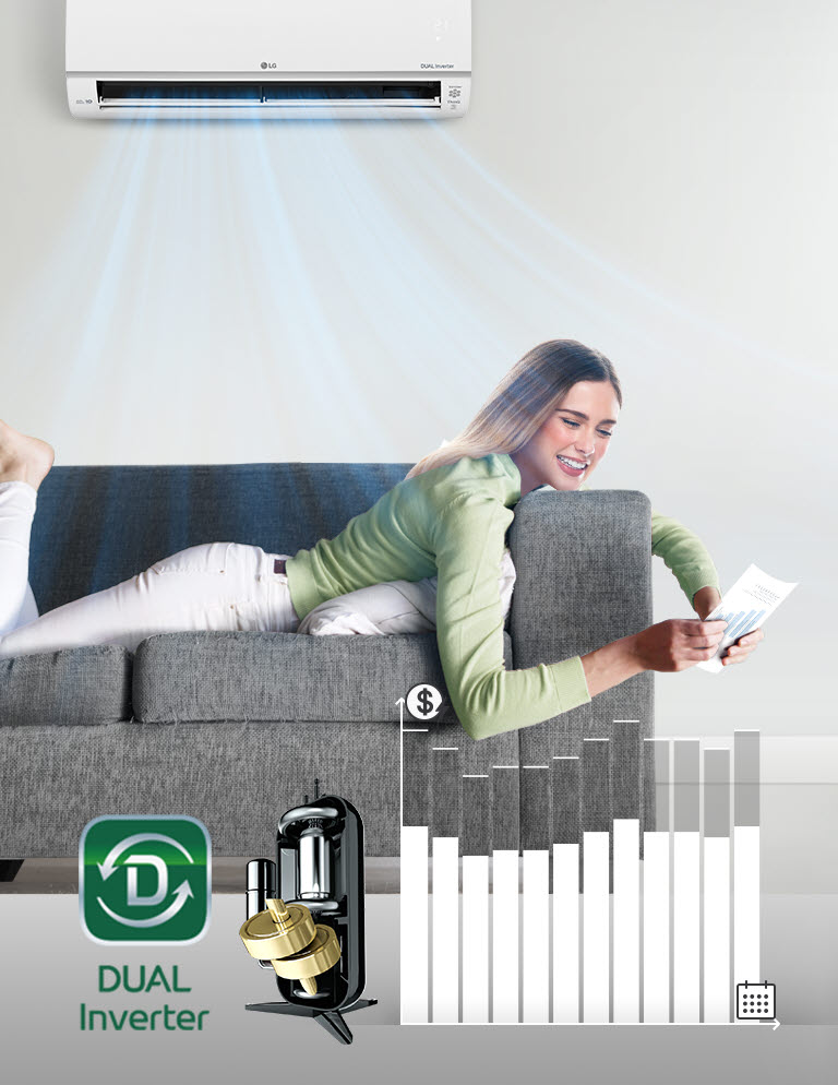 سيدة تستلقي على أريكة وتبتسم بينما يتدفق الهواء من المكيف فوقها. يوجد على يمين السيدة شعار Dual Inverter.