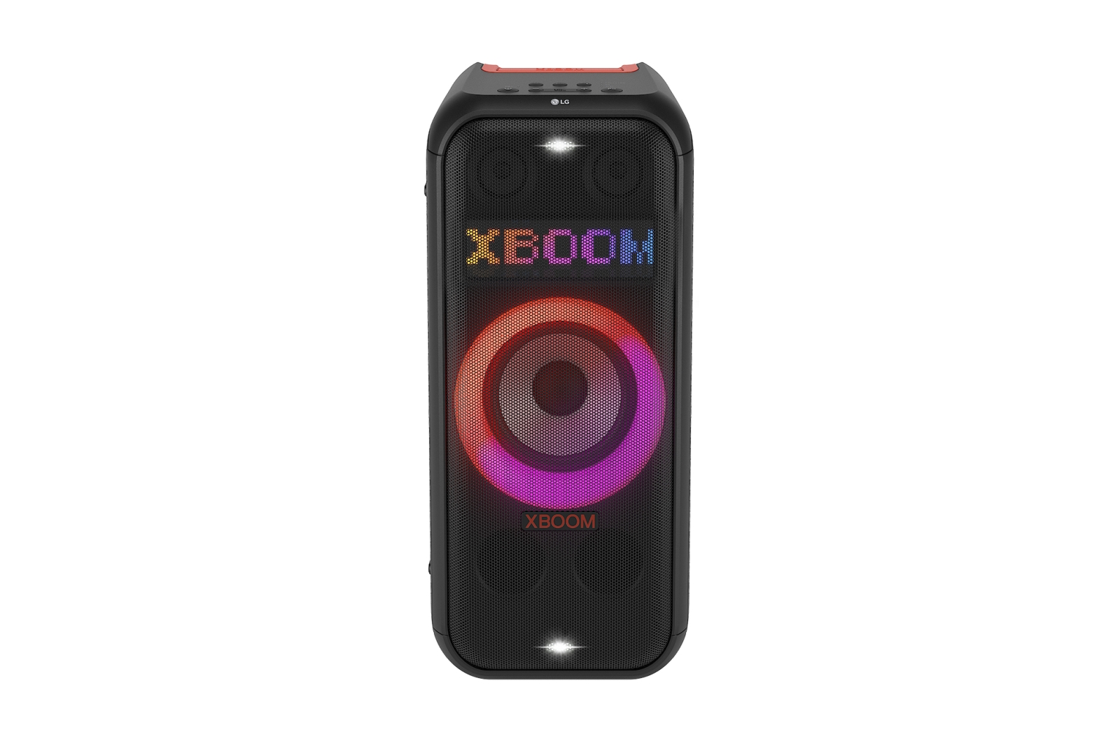 صورة أمامية مع إضاءة كل مصادر الضوء. يظهر النص XBOOM على لوحة إضاءة البكسل الديناميكية.