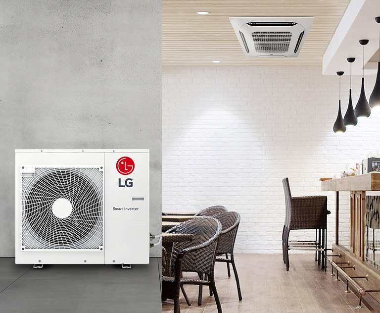 توجد الوحدة الخارجية LG Smart Inverter على اليسار، بينما يتم تركيب الوحدة الداخلية LG Floor Standing في منطقة تناول الطعام على اليمين.