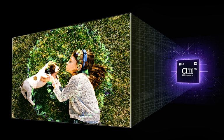 alt="يحوم تلفزيون LG AI TV بزاوية على خلفية سوداء يعرض صورة لفتاة مع كلب، ويحوم خلفه رسم لمعالج alpha 11 AI Processor 4K، مضاءً بضوء نيون أرجواني. تظهر خطوط الشبكة من مجموعة الشرائح إلى التلفزيون ويظهر تأثير تموّج على شاشة التلفزيون حيث تصبح صورة الشاشة أكثر سطوعًا. تندمج الشرائح مع التلفزيون في جسد واحد، ثم تلتفت إلى الأمام، ويظهر جهاز التحكم عن بُعد LG Magic Remote في الجزء السفلي من المنتصف. تصغر صورة الشاشة ويمرر جهاز التحكم عن بُعد Magic Remote عبر قائمة "أفضل الاختيارات لك". يتم عرض الشعارات التالية: LG Channels وNetflix وPrime Video وDisney+ وApple TV وYouTube وSpotify وTwitch وGeForce Now وUdemy."