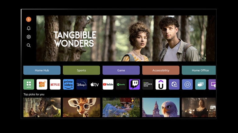 تعرض شاشة تلفزيون LG AI TV شاشة عرض "My Profile". في الثلث العلوي، لافتة لعجائب الدنيا الملموسة. أسفل الشعار، يتم عرض الأزرار التالية: Home Hub (المركز الرئيسي)،‏ Sports (الرياضة)،‏ Game (الألعاب)،‏ Accessibility (إمكانية الوصول)،‏ Home Office (المكتب المنزلي). أسفل الأزرار، يتم عرض الشعارات التالية: LG Channels وNetflix وPrime Video وDisney+ وApple TV وYouTube وSpotify وTwitch وGeForce Now وUdemy. أسفل الشعارات، يتم عرض 5 صور مصغرة لأفلام تحت عبارة "أفضل الاختيارات لك".   ينقر المؤشر على الحرف "S" في الزاوية العلوية اليسرى. تُفتح قائمة منسدلة لحساب LG ويتم عرض خمسة أسماء. ينقر المؤشر على الاسم الثاني حيث تتغير الصور المصغرة والمحتويات الموصى بها على الشاشة.
