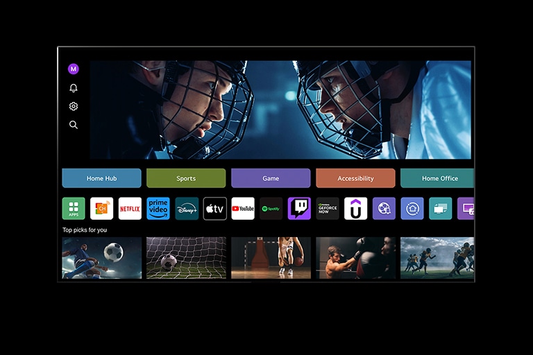 يعرض LG TV My Profile. يمرر المؤشر فوق زر Sports ويتغير النص إلى "جميع معلومات Sports". ينقر المؤشر وتعرض الشاشة Sports Portal. بعد ذلك، يمرر المؤشر فوق زر Game ويتغير النص إلى "أفضل تجربة ألعاب". ينقر المؤشر وتعرض الشاشة الصفحة الرئيسية للعبة.