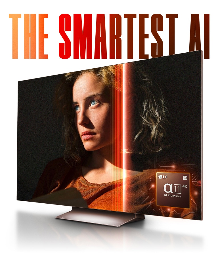 توجد الكلمات "THE SMARTEST AI" (أذكى تقنية للذكاء الاصطناعي) بنمط متدرج باللون الأحمر فوق LG TV ويعرض وجه سيدة. تتتبع أضواء النيون الحمراء الخطوط المحيطة لصورة السيدة وتمر عبر الشاشة، مما ينتج عنه صورة أكثر سطوعًا. يوجد رسم معالج LG alpha 11 AI في أسفل اليمين.