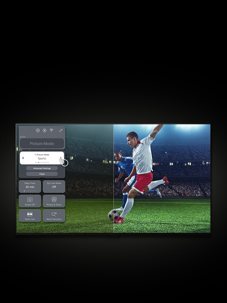 يعرض LG TV لاعب كرة قدم على أرض الملعب. تعرض القائمة الموجودة على الجانب الأيسر من الشاشة الإعدادات، وينقر المؤشر لتغيير إعداد الصورة من "Vivid" إلى "Sports Mode". يمر خط رسومي فوق الشاشة ليكشف عن صورة أكثر سطوعًا ووضوحًا.