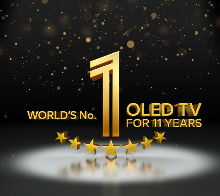 شعار ذهبي لتلفزيون OLED صاحب المرتبة الأولى في العالم لمدة 11 عامًا على خلفية سوداء. تسليط الضوء على الشعار، والنجوم الذهبية المجردة تملء السماء بالأعلى.