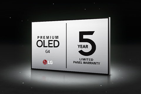 صورة لـ LG OLED Care+ وشعار ضمان اللوحة لمدة 5 سنوات على خلفية سوداء.	