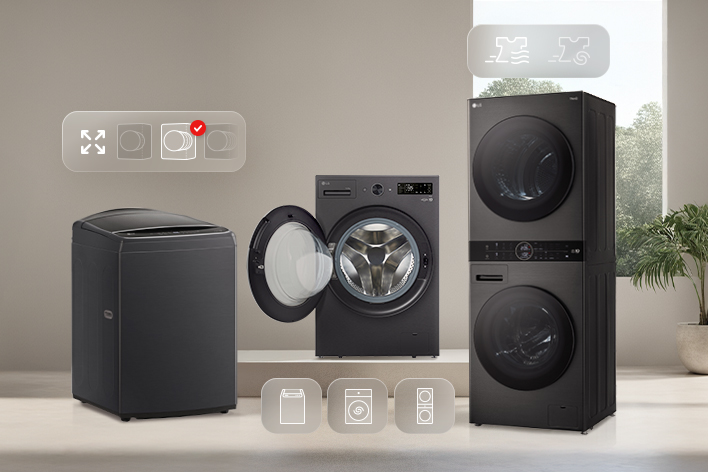 تظهر مجموعة غسالات LG WashTower™ والغسالات أمامية التحميل والغسالات علوية التحميل في إعداد الغسيل المنزلي مع رموز مقارنة بسيطة.