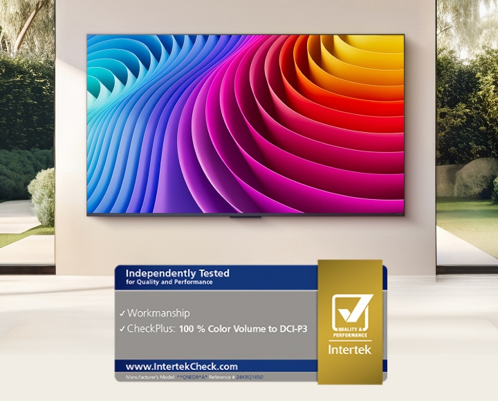 LG QNED evo TV mounted on the wall. Image on the screen shows the wider color expression from its Dynamic QNED Color Solution. Intertek certification for 100% Color Volume to DCI-P3 is also visible.