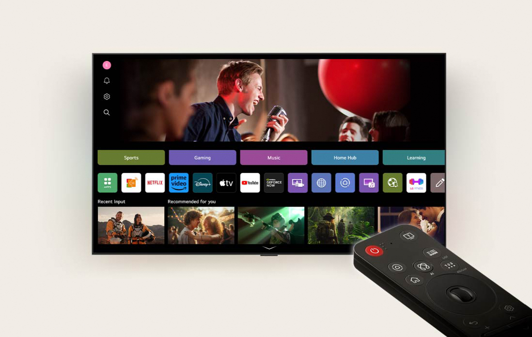 Family of four is gathered around an LG AI TV. A circle appears around the person holding the remote showing their name. This showcases how AI Voice ID recognizes each user's voice signature. The webOS interface then shows how the AI automatically switches the account and recommends personalized content.