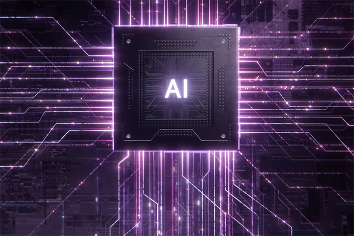 LG AI Core-Tech chip visualizing intelligent data processing with radiant circuit lines, symbolizing how LG AI appliances learn, adapt, and optimize performance across the home.	