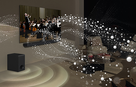 LG TV and LG Soundbar in a living room playing an orchestra performance. White waves of droplets representing soundwaves shoot upwards and forward from the soundbar and project from the TV, as subwoofer is creating a sound effect from the bottom.	