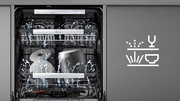 LG dishwasher interior with dishes during wash cycle showing water spray and QuadWash performance icon
