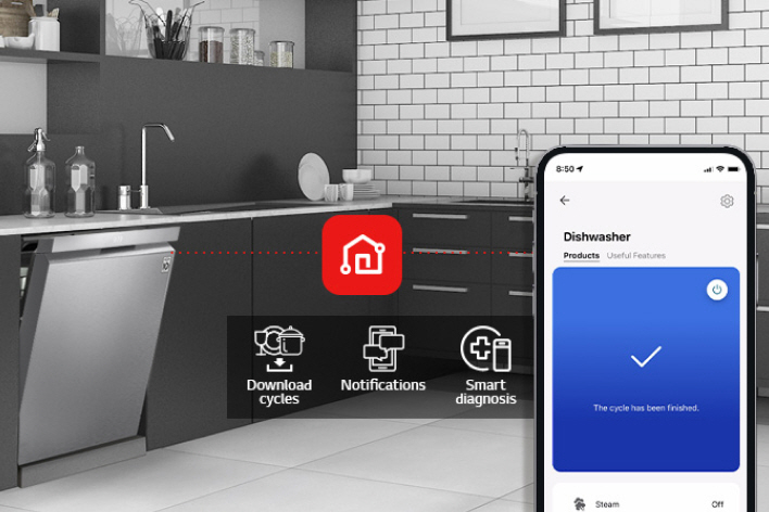 LG dishwasher with smartphone showing ThinQ app Smart Diagnosis feature and error detection interface