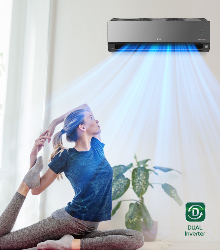 Woman doing yoga in front of an LG air conditioner emitting blue cooling beams, with green plants in the background.