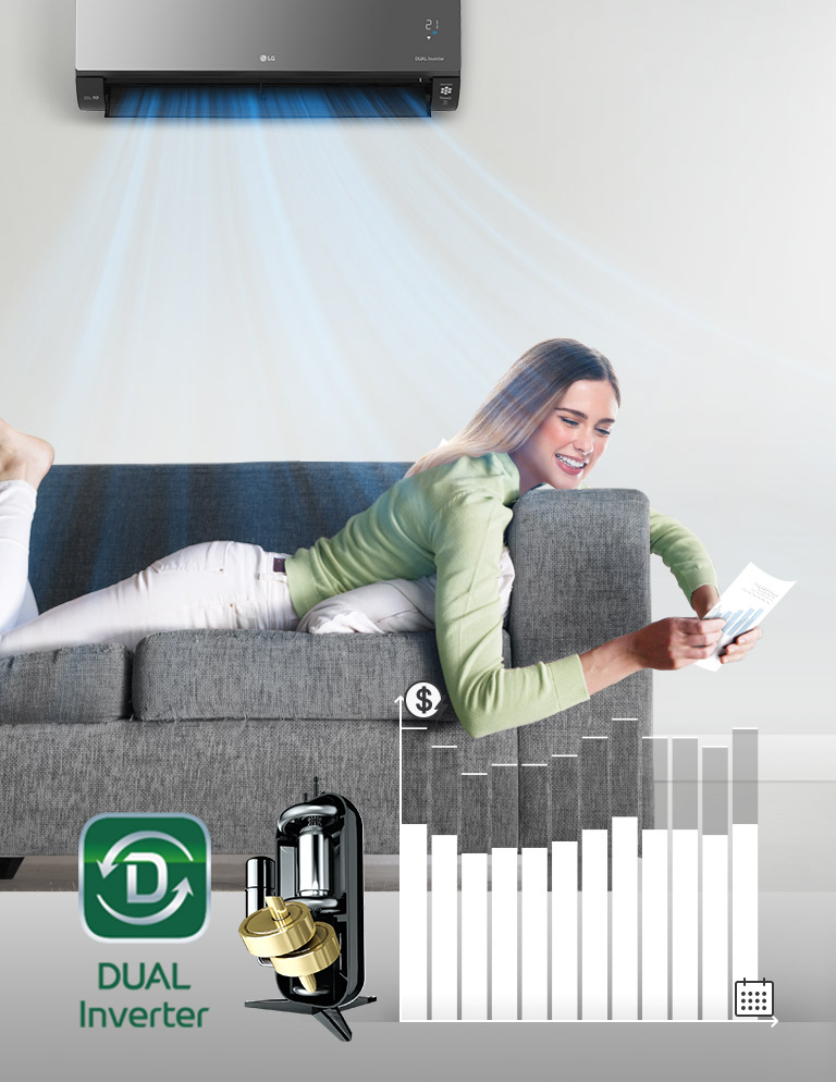 A person lounges on a grey sofa under an LG Dual Inverter air conditioner, analyzing cost savings displayed on a bar graph.