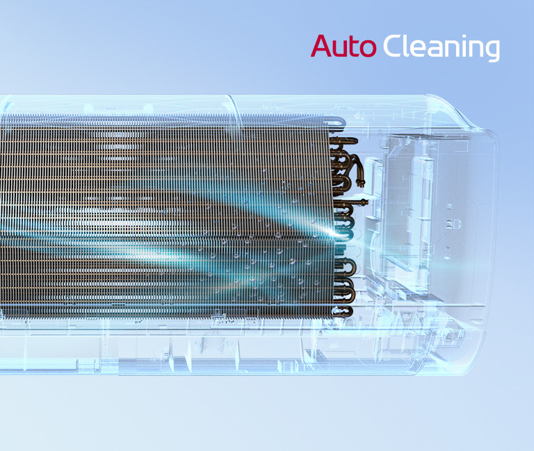 LG auto-cleaning air conditioner heat exchanger with blue streams efficiently cleaning its fins.