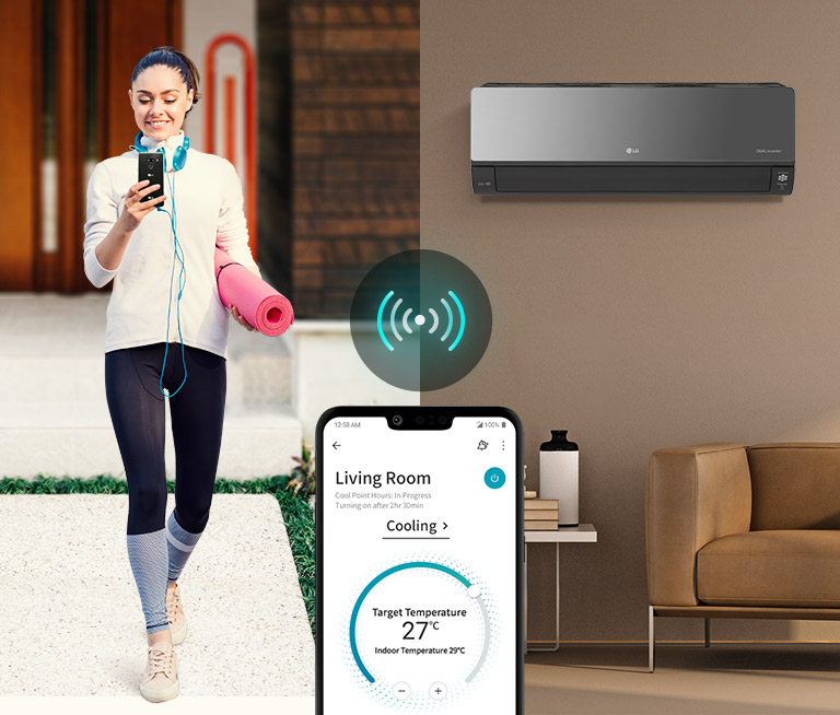 Woman with yoga mat and phone outside, LG air conditioner in a living room, app showing cooling mode and temperature.