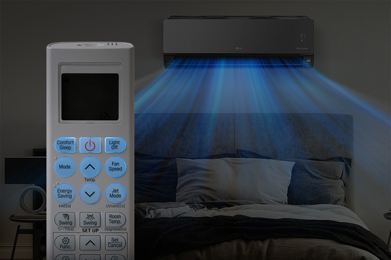 LG air conditioner cooling a bedroom, with a remote control displaying settings in the foreground.