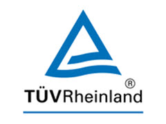 Blue triangular logo with a wave inside, and text "TÜV Rheinland" in black below it.