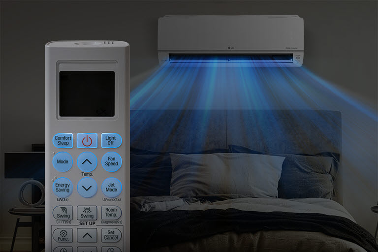 LG air conditioner on wall emits blue cooling beams over bed, with remote in foreground displaying control buttons.