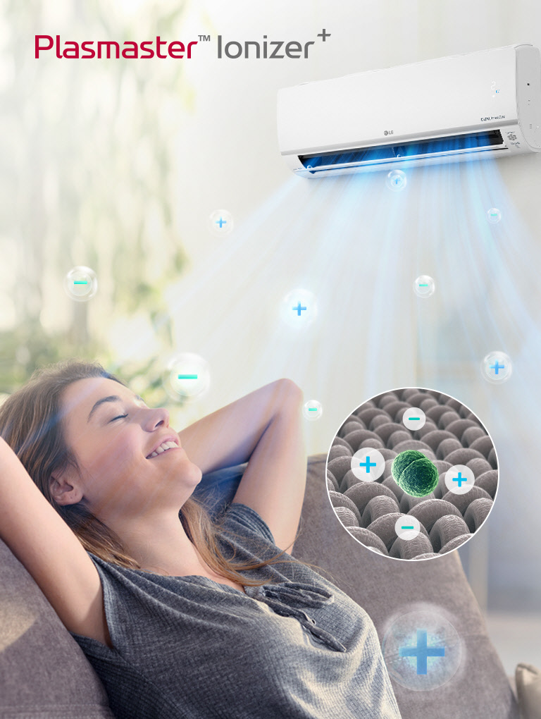 LG Plasmaster Ionizer+ air conditioner purifying air with ions, while a person relaxes on a couch below.
