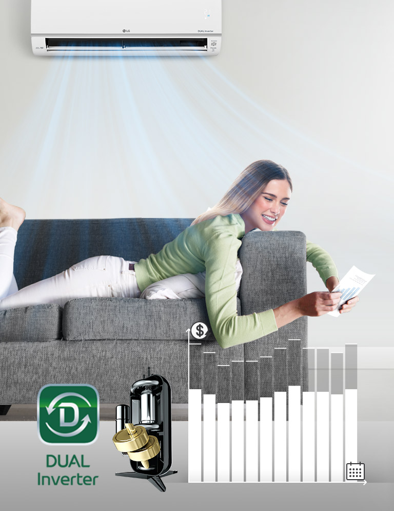 Person lounges on grey sofa beneath LG Dual Inverter air conditioner, with graphs and inverter images on the side.
