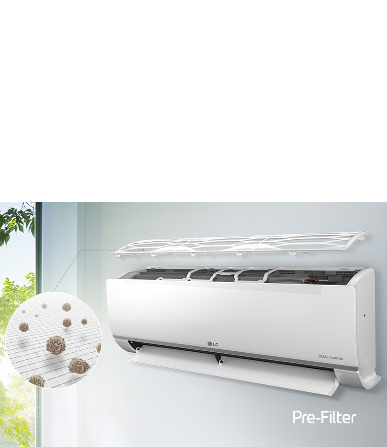 LG Dual Inverter air conditioner with open pre-filter capturing dust particles on a wall near a window with greenery.