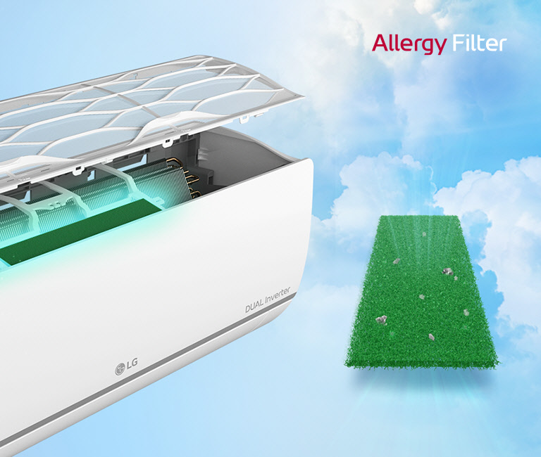 LG Dual Inverter air conditioner with open filter, releasing clean air into a bright blue sky with green grass below.