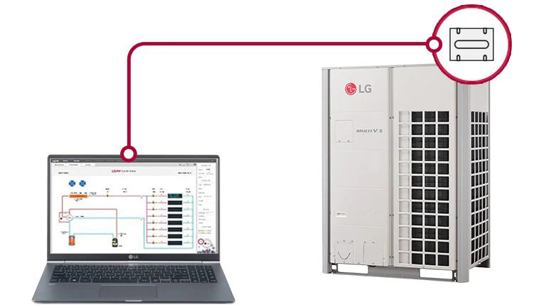 An expert wearing LG uniform inspects components and performance of HVAC by using electronic tools that detect abnormalities.