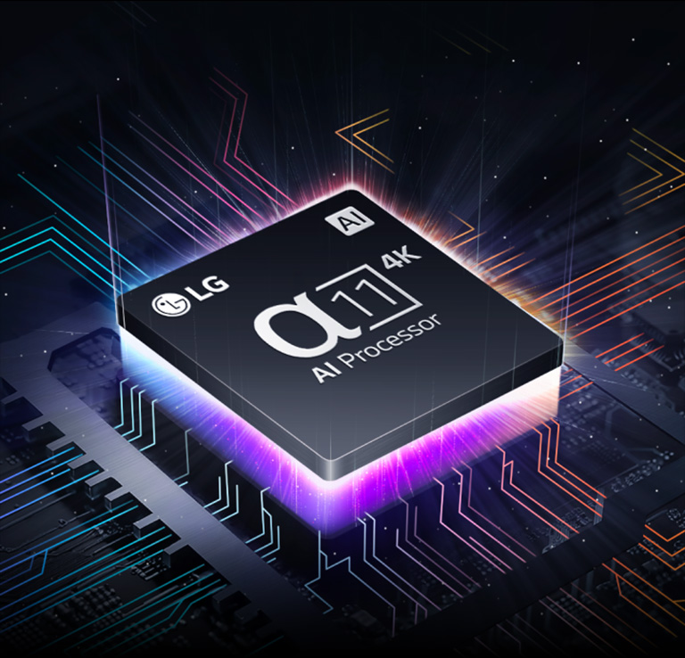 LG's alpha 11 AI Processor 4K barely visible amidst darkness. The AI Processor lights up purple and pink, and colorful bolts of light shoot out from it. More bolts appear across the motherboard, stretching further.