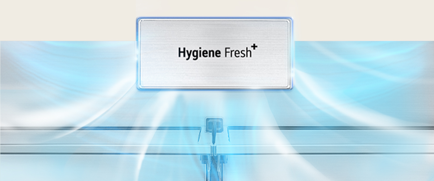 Hygiene Fresh+ system enhances air quality in LG refrigerator, featuring cool blue light around the panel.