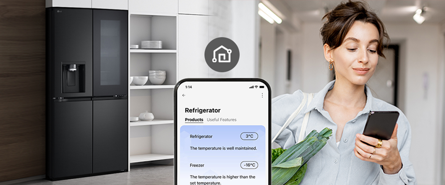 Black LG refrigerator with a water dispenser on the left, connected to a smartphone app displaying temperature settings.