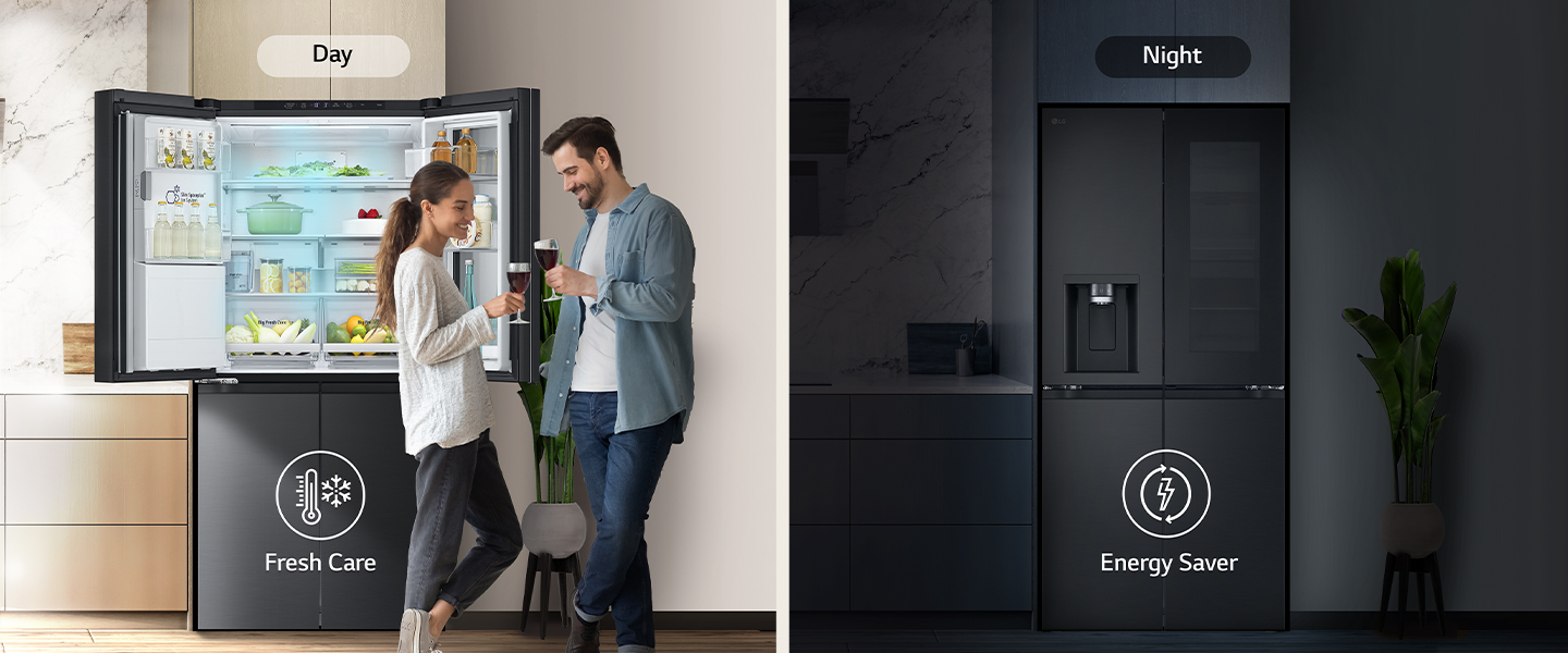 Open fridge with fresh food in daylight, closed and energy-efficient at night. Two people holding drinks.