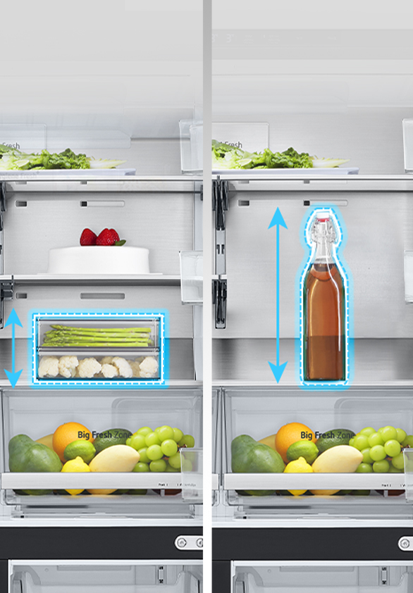 LG fridge interior showing adjustable shelf for tall items, vegetables in the Big Fresh Zone, cake on upper shelf.