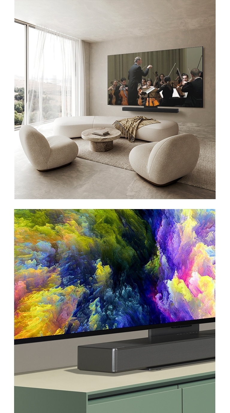 "An angled perspective of the bottom corner of LG OLED TV, OLED C4 showing an abstract artwork of a forest on the screen. The TV is attached to an LG Soundbar via the Synergy bracket and has an abstract artwork of a forest on screen.   LG OLED TV, OLED C4 and an LG Soundbar in a clean living space flat against the wall with an orchestral performance playing on screen. "