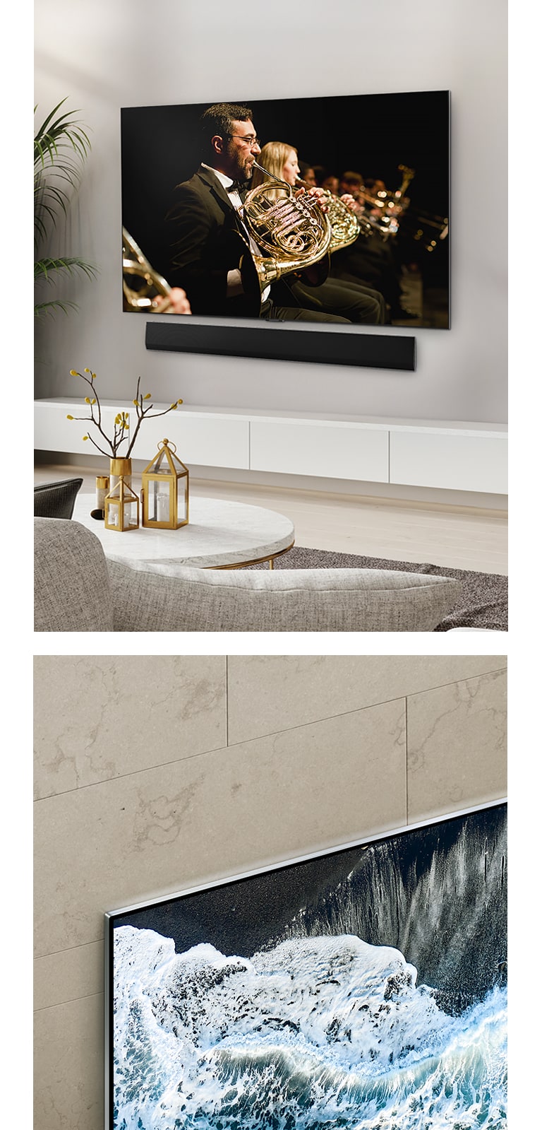 LG OLED TV, OLED G4 within an angled of perspective against a marbled wall showing how it merges against the wall. LG OLED TV, OLED G4 and an LG Soundbar in a clean living space flat against the wall with an orchestral performance playing on screen.