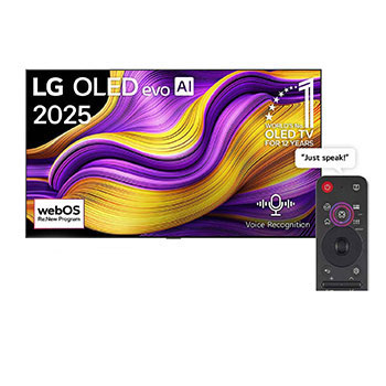 Front view of LG OLED evo AI G5 4K Smart TV. 12 Years of world number 1 OLED emblem and LG OLED evo AI 2025 logo are on the screen.