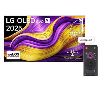 Front view of LG OLED evo AI G5 4K Smart TV. 12 Years of world number 1 OLED emblem and LG OLED evo AI 2025 logo are on the screen.