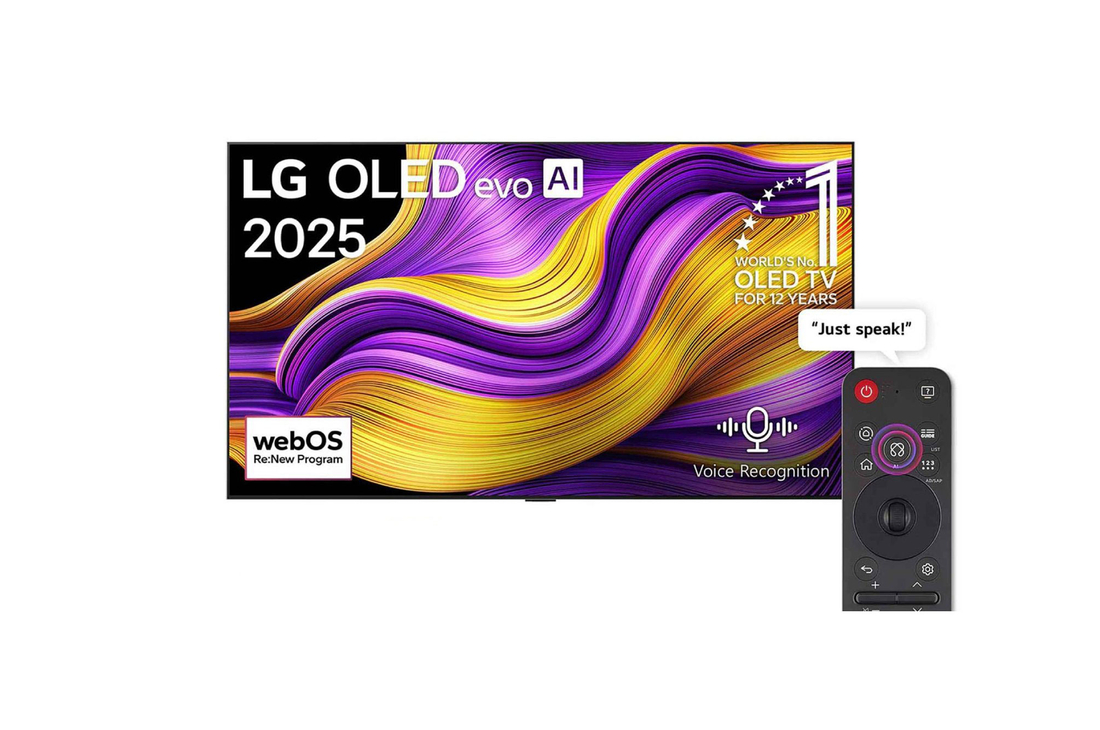 Front view of LG OLED evo AI G5 4K Smart TV. 12 Years of world number 1 OLED emblem and LG OLED evo AI 2025 logo are on the screen.