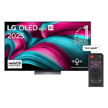 Front view of LG OLED evo AI C5 4K Smart TV. 12 Years of world number 1 OLED emblem and LG OLED evo AI 2025 logo are on the screen.