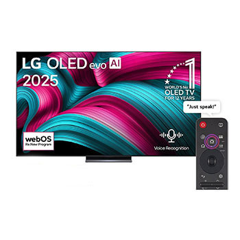 Front view of LG OLED evo AI C5 4K Smart TV. 12 Years of world number 1 OLED emblem and LG OLED evo AI 2025 logo are on the screen.