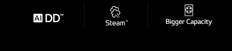 Three icons on a black background show AI DD, Steam, and Bigger Capacity, representing LG washing machine features.