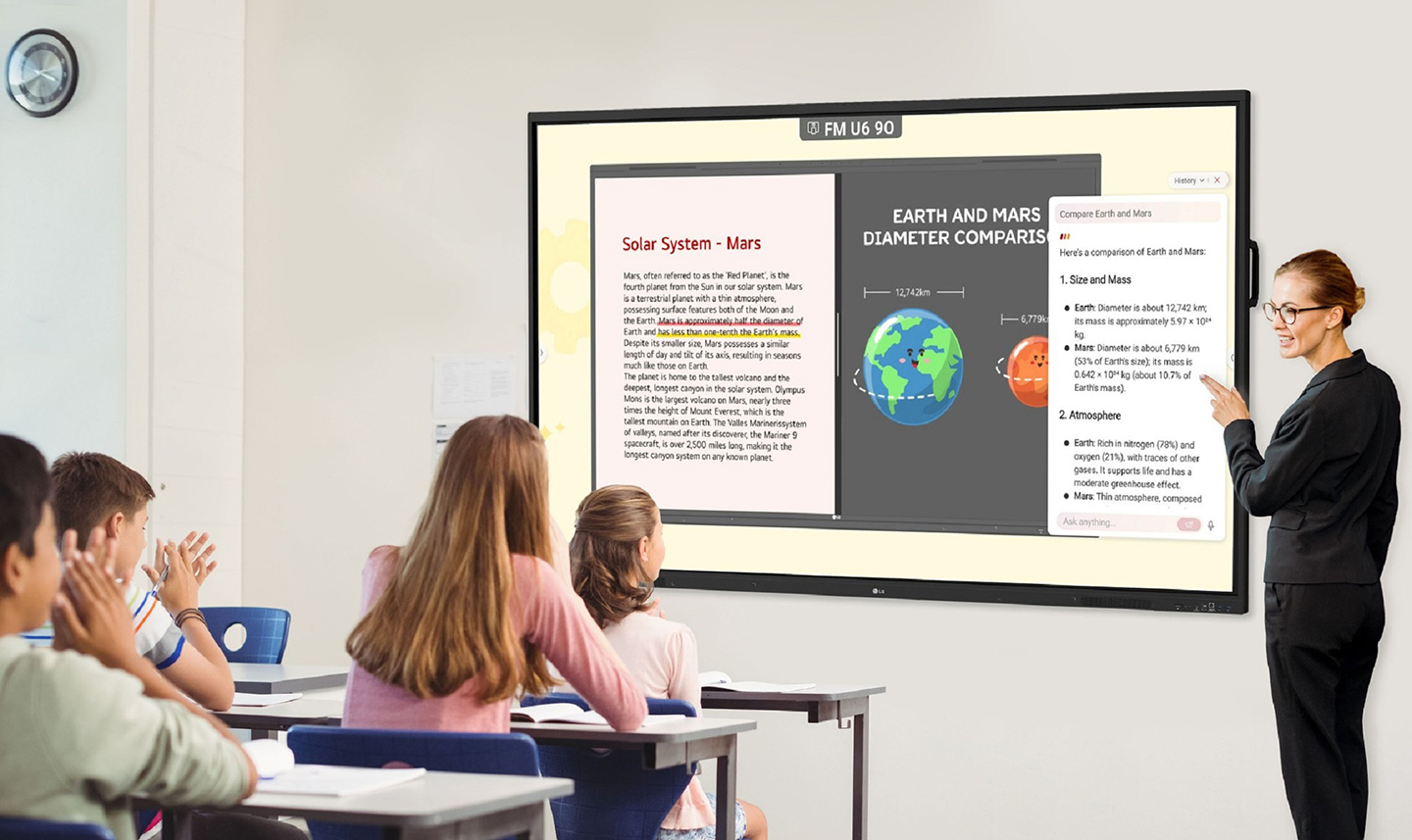 A teacher using LG CreateBoard’s 'Ask LG' feature to receive AI-driven answers and information as she teaches her class.